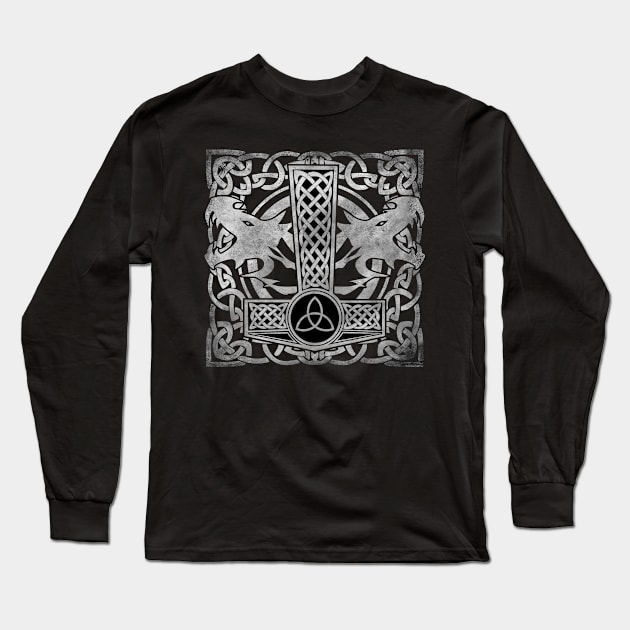 Thor's hammer Mjolnir with dragon background. Long Sleeve T-Shirt by Michangi